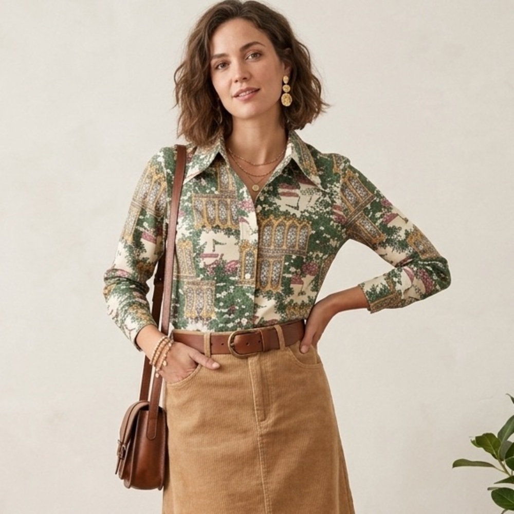 Vtg 70s Ship ’n Shore Bird & Garden Print Dagger Collar Button Up Shirt - M Poly - Picture 4 of 15